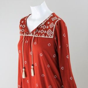 Embroidered Burnt Orange Aztec Cinched Blouse
